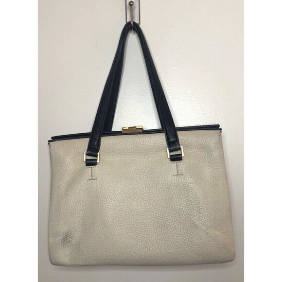 Isaac Mizrahi New York Handbag Leather Purse Creme Black Medium Tote Vintage - Picture 2 of 15